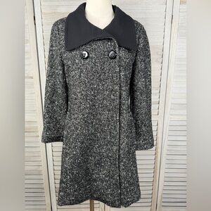 WORTHINGTON Double Breasted Black & White Tweed Wool Funnel Neck Overcoat-M